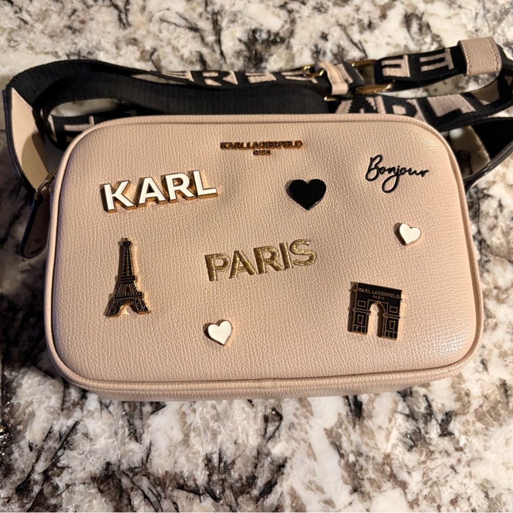Karl Lagerfeld tan Crossbody camera bag with Paris Patches